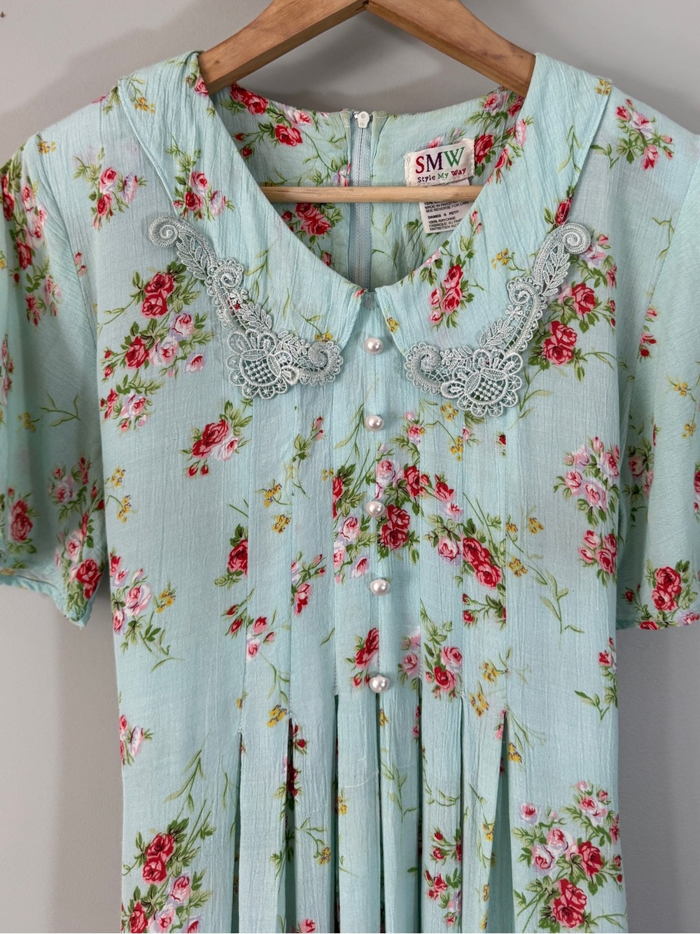 Vintage 90s SMW Style My Way seafoam blue Floral Dress Small Rayon Cottagecore - Picture 7 of 14